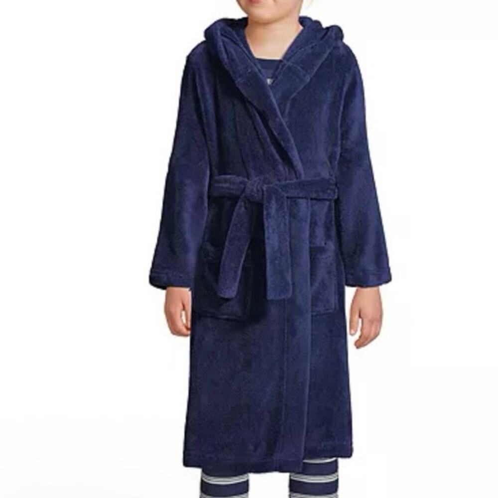 Lands End Plush Navy Blue Kids Hooded Robe Size 8